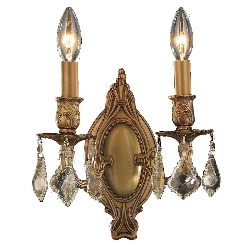 Windsor 2-Light French Gold Finish & Golden Teak Crystal Candle Wall Sconce Light 9 in. W x 10.5 in.