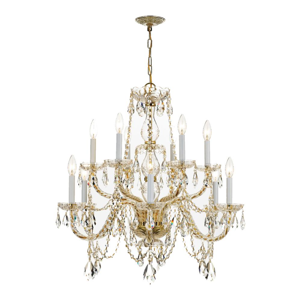 Traditional Crystal 12 Light Hand Cut Crystal Polished Brass Chandelier