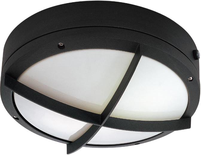 2-Light Round Wall/Ceiling Light with Cross Grill in Matte Black Finish with Photocell and (2) 13W