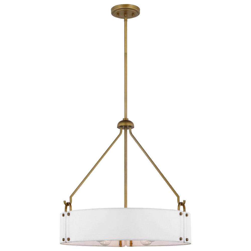 Halter; 4 Light Pendant; Medium Base; 60 Watt;Natural Brass Finish; White Fabric Shade